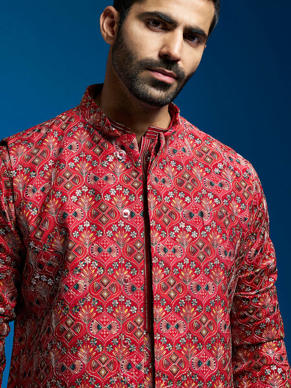 Jashvi Men's Red Chinon Jacket,Kurta And Pyjama Set.