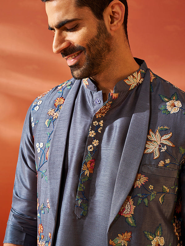 Jashvi Men's Grey Silk Blend Jacket,Kurta And Pyjama Set.