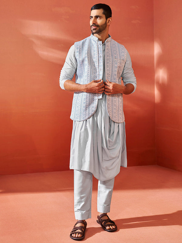 Jashvi Men's Aqua Viscose Jacket,Kurta And Pyjama Set.