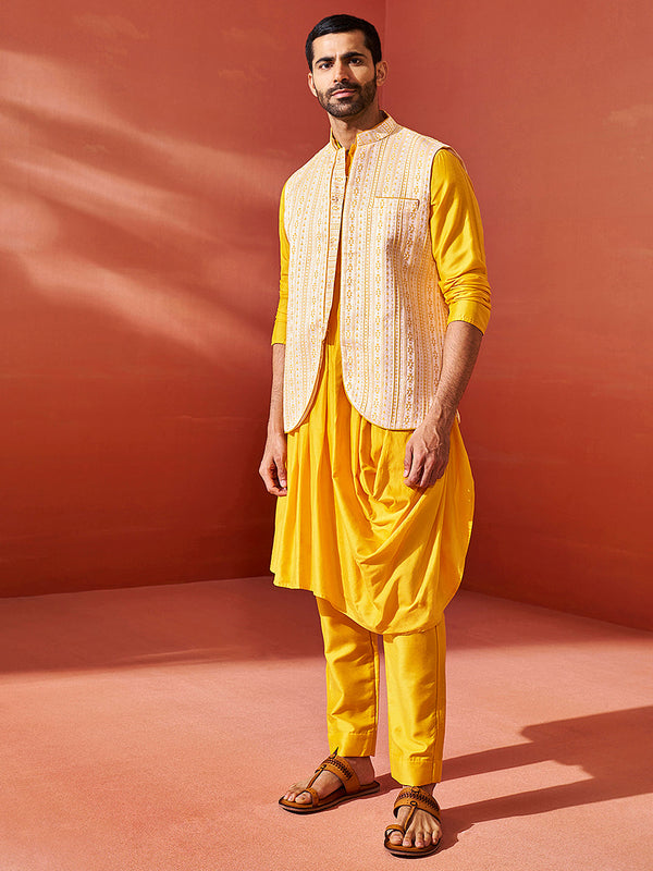 Jashvi Men's Yellow Viscose Jacket,Kurta And Pyjama Set.