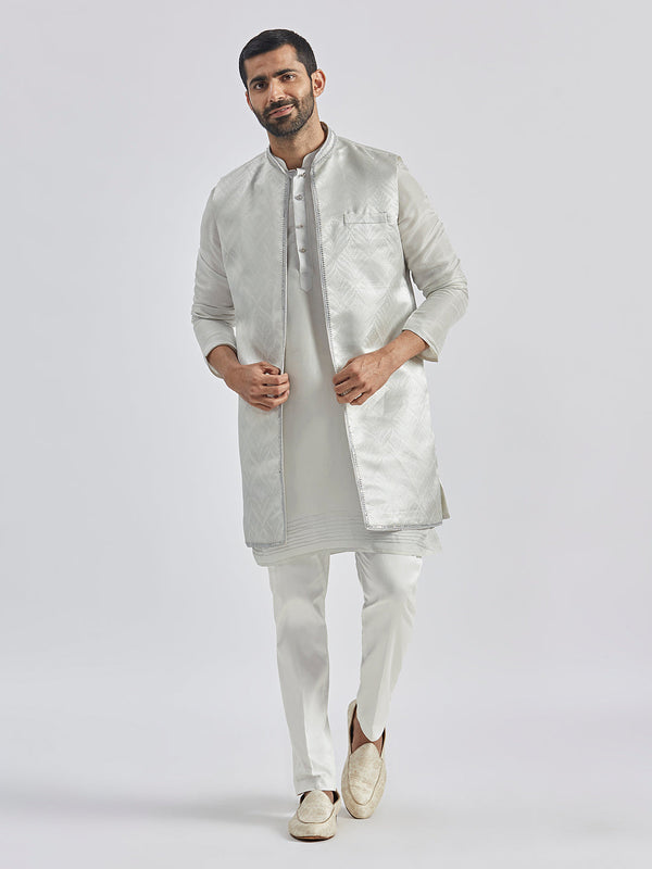 Jashvi Men's Silver Silk Blend Jacket,Kurta And Pyjama Set.