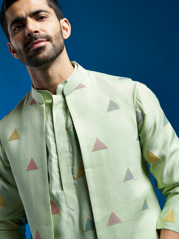 Jashvi Men's Mint Green Silk Blend Jacket,Kurta And Pyjama Set.