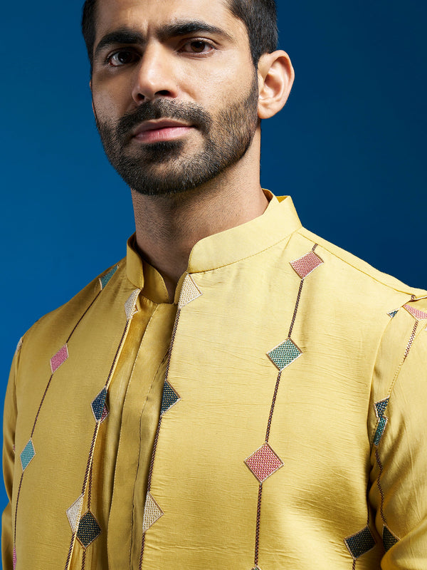 Jashvi Men's Mustard Silk Blend Jacket,Kurta And Pyjama Set.