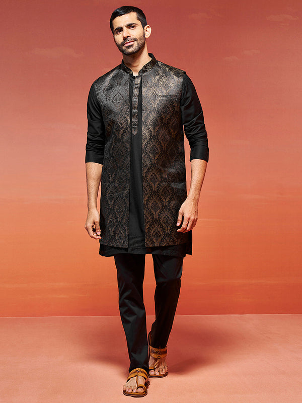 Jashvi Men's Black Viscose Jacket,Kurta And Pyjama Set.