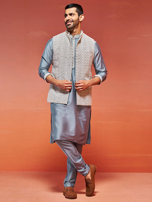 Jashvi Men's Grey Viscose Jacket,Kurta And Pyjama Set.