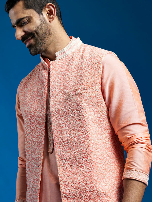 Jashvi Men's Pink Viscose Jacket,Kurta And Pyjama Set.