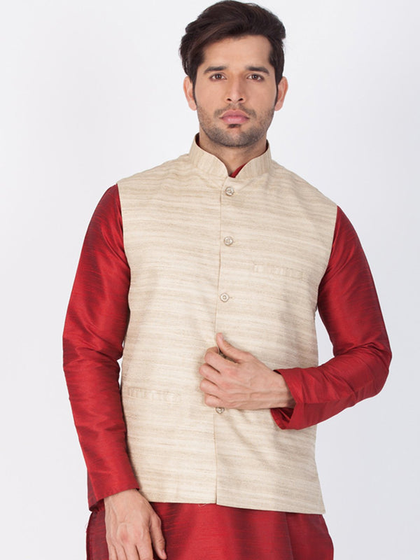 Men's Beige Cotton Silk Blend Ethnic Jacket - Vastramay