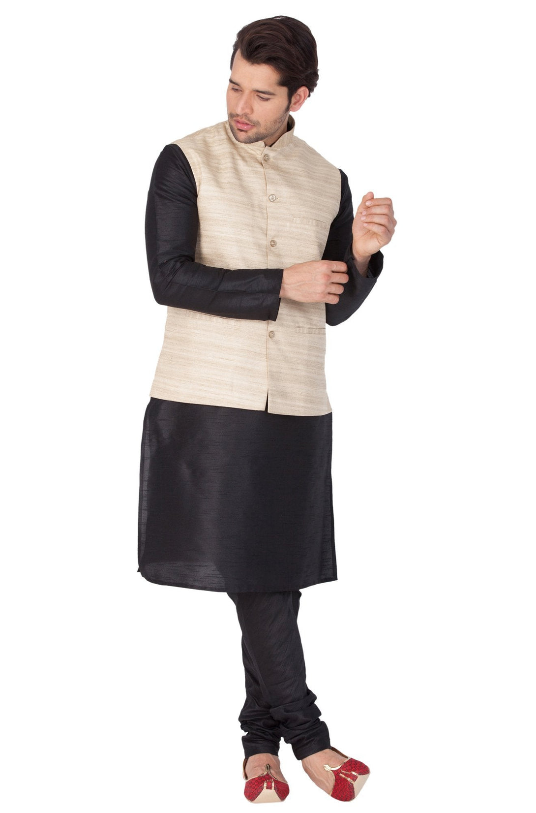 Men's Black Cotton Silk Blend Kurta, Ethnic Jacket and Pyjama Set