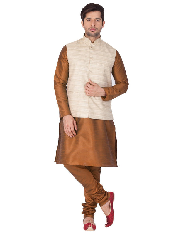 Men's Brown Cotton Silk Blend Kurta, Ethnic Jacket and Pyjama Set - Vastramay