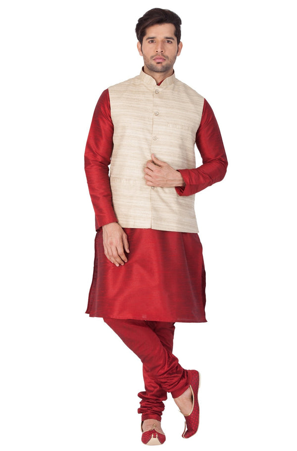 Men's Maroon Cotton Silk Blend Kurta, Ethnic Jacket and Pyjama Set - Vastramay