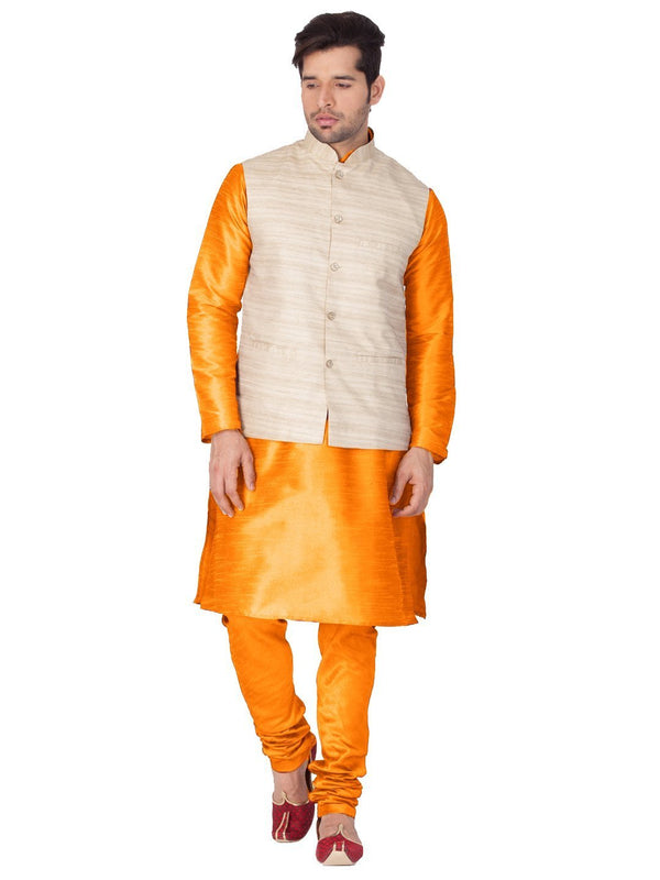 Men's Orange Cotton Silk Blend Kurta, Ethnic Jacket and Pyjama Set - Vastramay