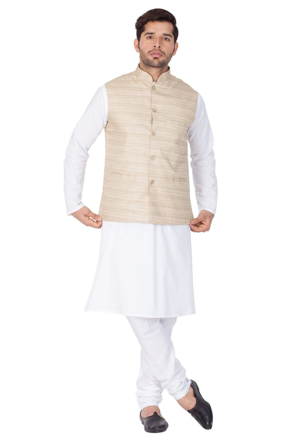 Men's White Cotton Blend Kurta, Ethnic Jacket and Pyjama Set - Vastramay