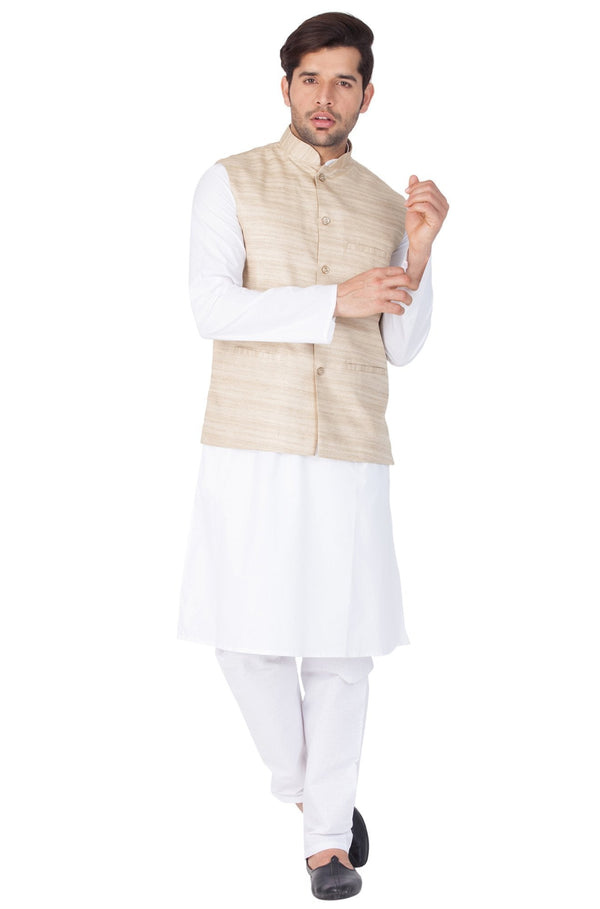 Men's White Cotton Blend Kurta, Ethnic Jacket and Pyjama Set - Vastramay