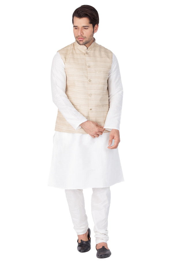 Men's White Cotton Silk Blend Kurta, Ethnic Jacket and Pyjama Set