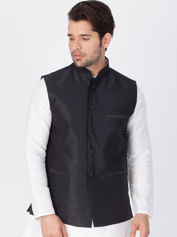 Men's Black Cotton Silk Blend Ethnic Jacket - Vastramay