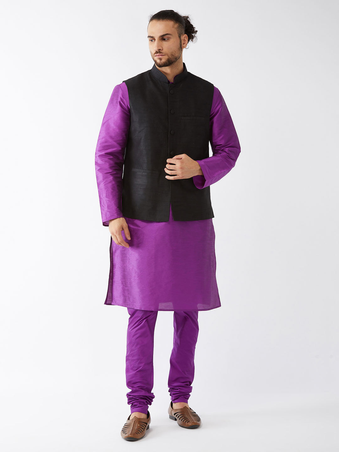 Men's Purple Black Silk Blend Jacket, Kurta And Pyjama Set - Vastramay