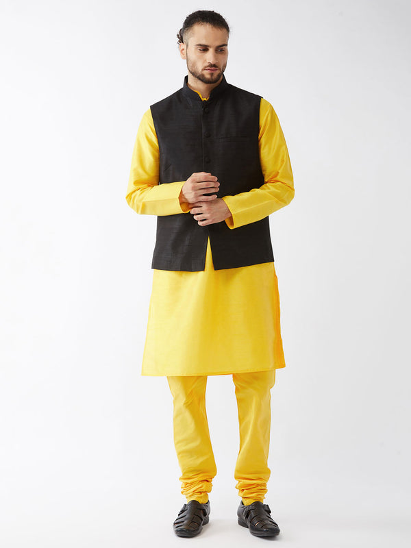 Jashvi Men's Black Silk Blend Ethnic Jacket, Yellow Kurta and Pyjama Set