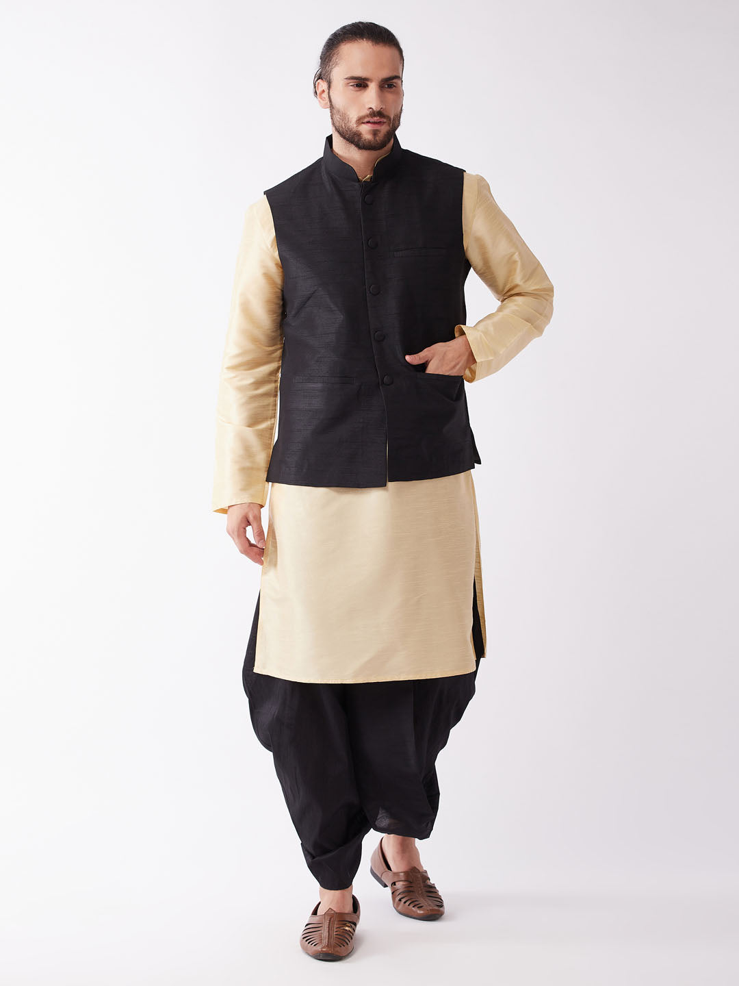 Men's Gold And Black Silk Blend Jacket, Kurta And Dhoti Set - Vastramay