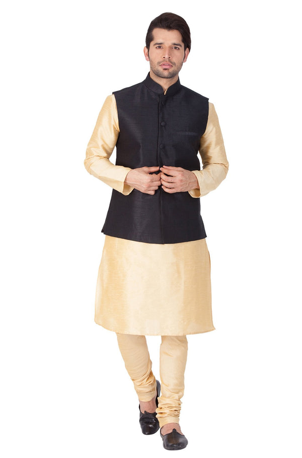 Men's Gold Cotton Silk Blend Kurta, Ethnic Jacket and Pyjama Set