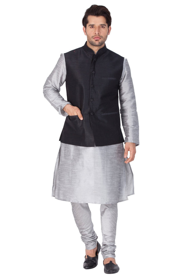 Men's Grey Cotton Silk Blend Kurta, Ethnic Jacket and Pyjama Set - Vastramay