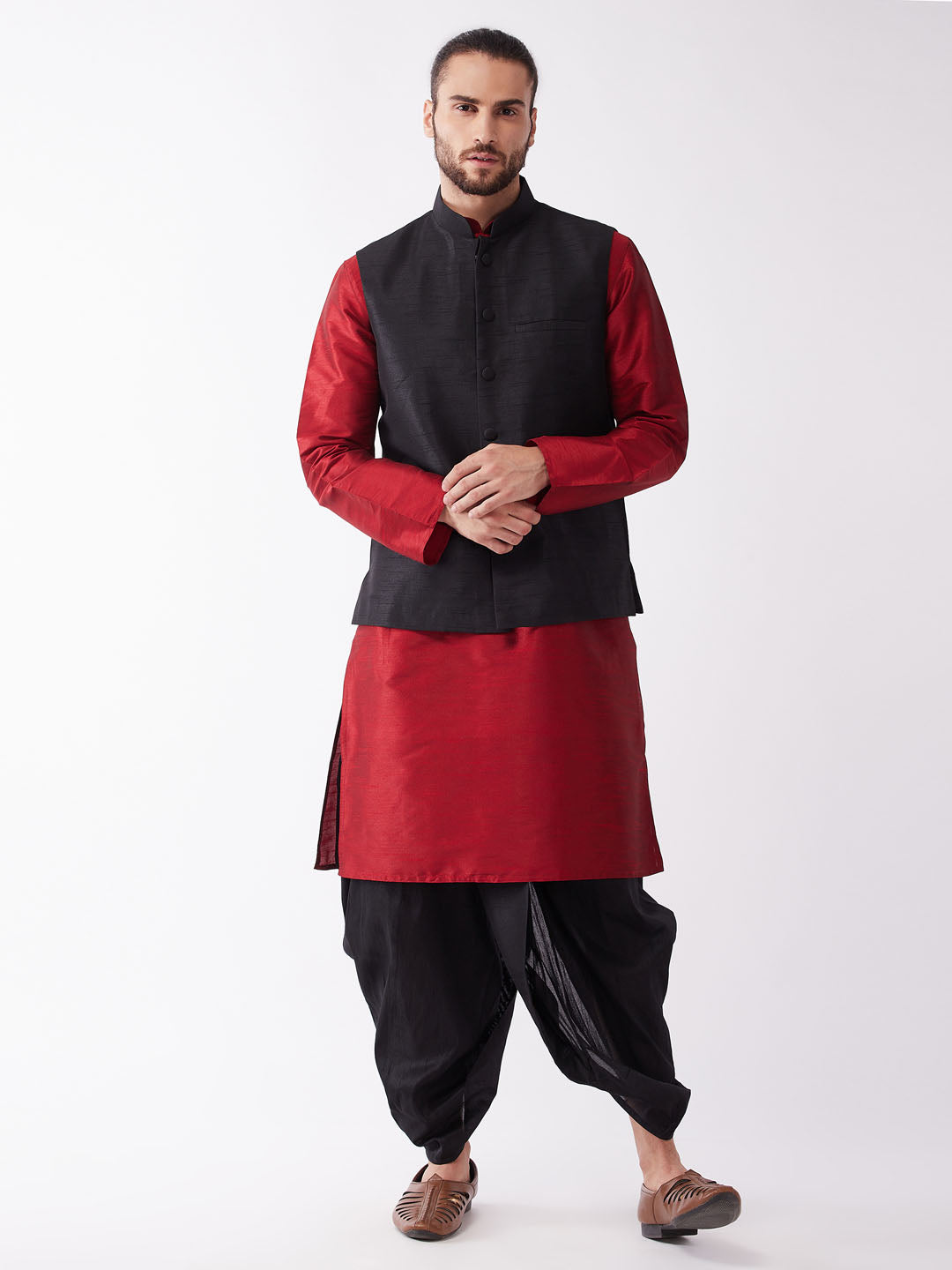 Men's Maroon And Black Silk Blend Jacket, Kurta And Dhoti Set - Vastramay