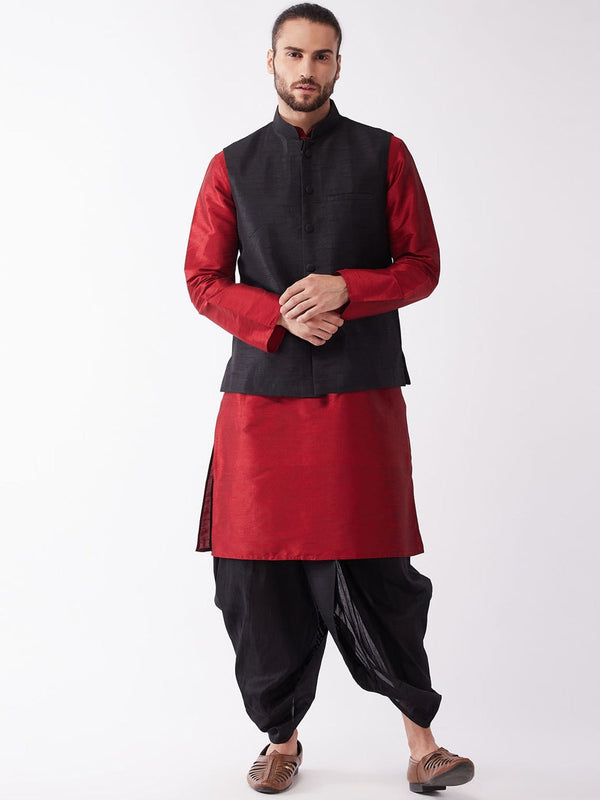 Jashvi Men's Black Jacket & Maroon Layered Kurta with Black Dhoti Pants