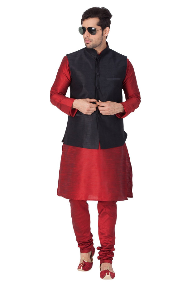 Men's Maroon Cotton Silk Blend Kurta, Ethnic Jacket and Pyjama Set