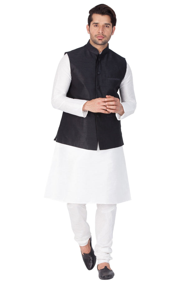 Men's White Cotton Silk Blend Kurta, Ethnic Jacket and Pyjama Set - Vastramay