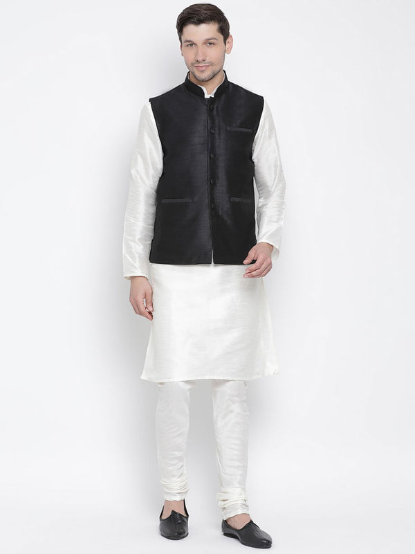 Men's White Cotton Silk Blend Kurta, Ethnic Jacket and Pyjama Set