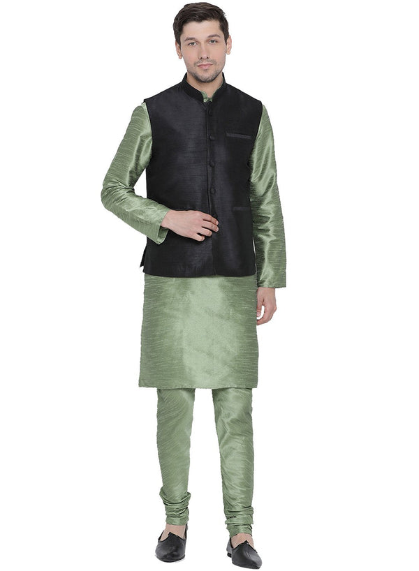 Men's Light Green Cotton Silk Blend Kurta, Ethnic Jacket and Pyjama Set - Vastramay