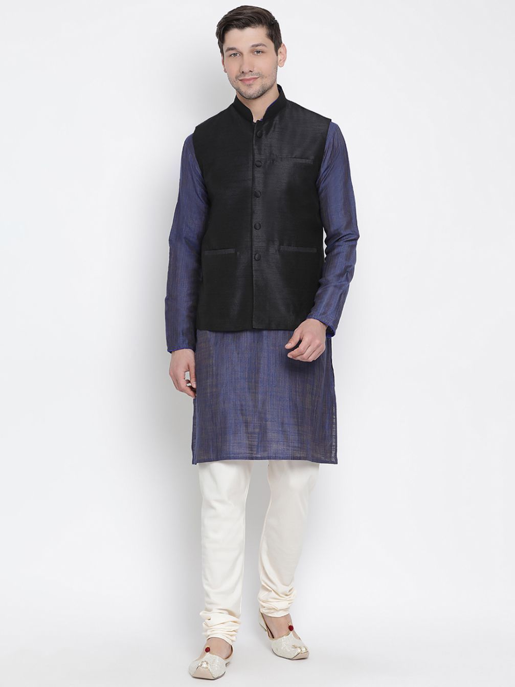 Men's Blue Cotton Silk Blend Kurta, Ethnic Jacket and Pyjama Set