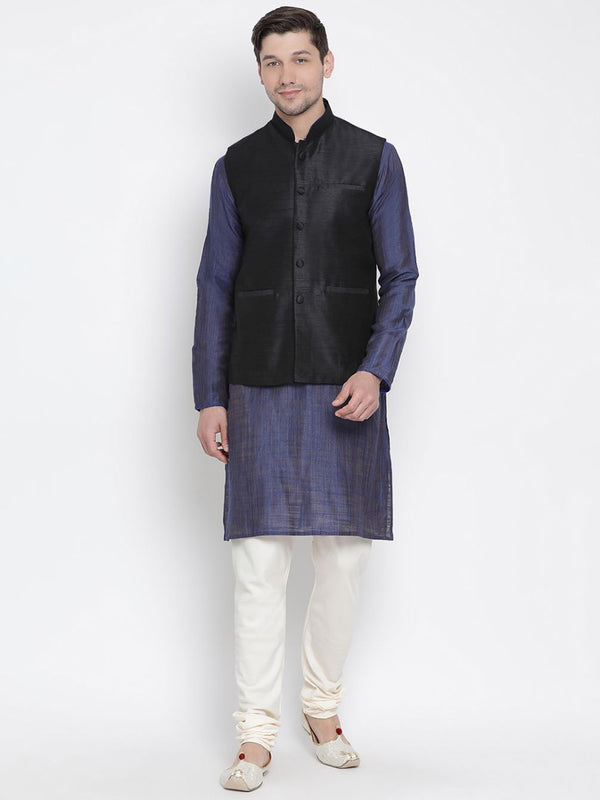 Men's Blue Cotton Silk Blend Kurta, Ethnic Jacket and Pyjama Set - Vastramay