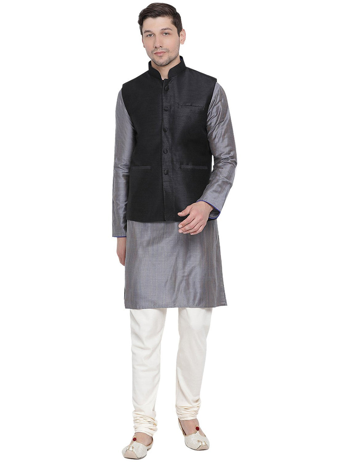 Men's Grey Cotton Silk Blend Kurta, Ethnic Jacket and Pyjama Set