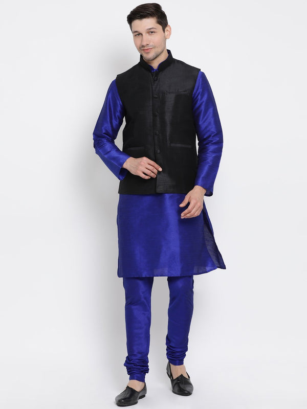 Men's Blue Cotton Silk Blend Kurta, Ethnic Jacket and Pyjama Set - Vastramay