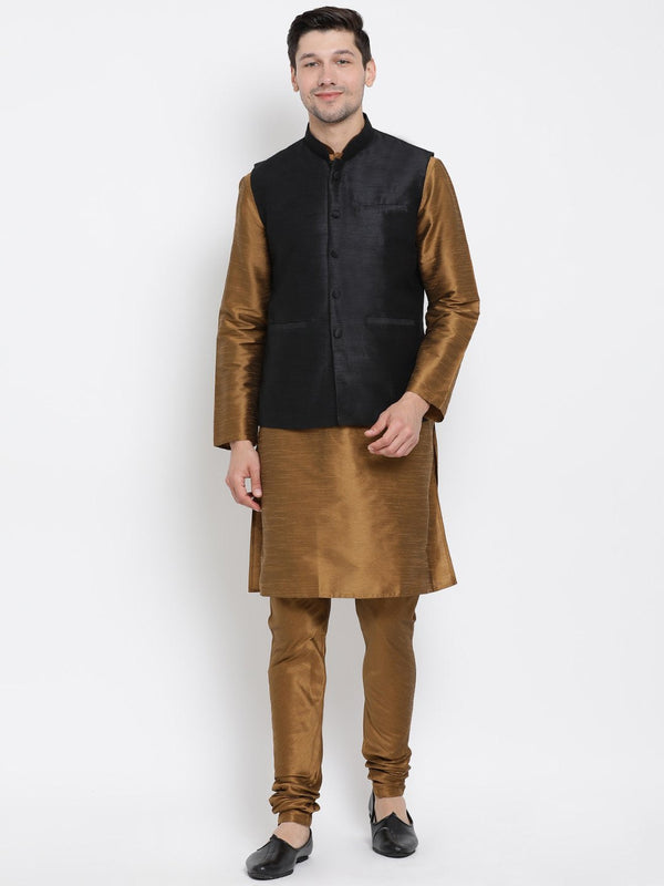 Men's Brown Cotton Silk Blend Kurta, Ethnic Jacket and Pyjama Set - Vastramay