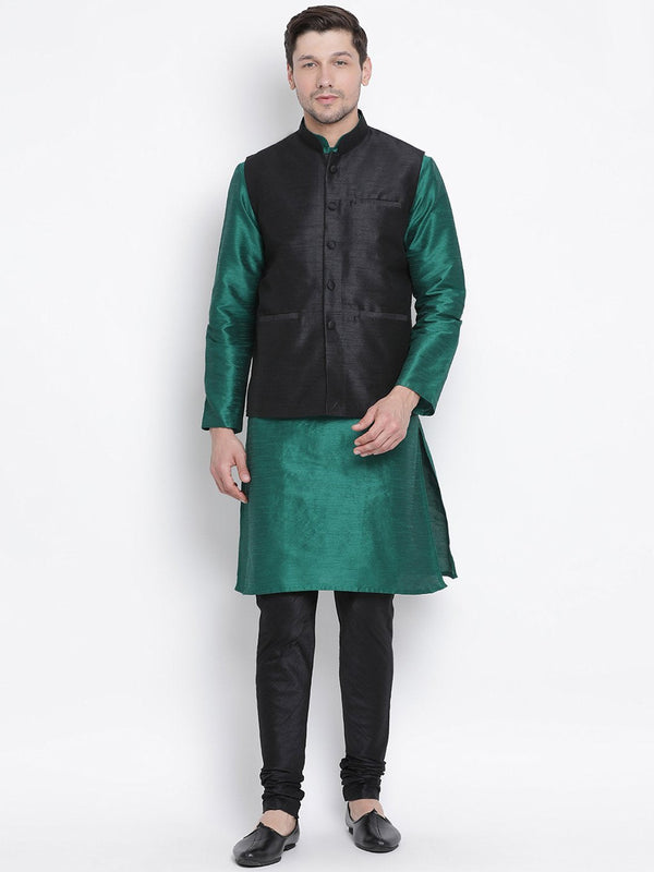 Men's Green Cotton Silk Blend Kurta, Ethnic Jacket and Pyjama Set - Vastramay