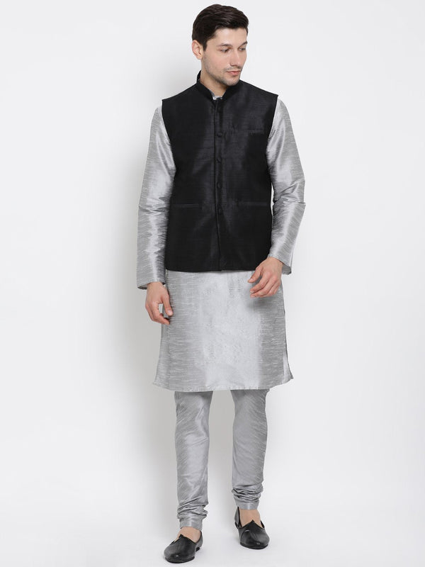 Men's Grey Cotton Silk Blend Kurta, Ethnic Jacket and Pyjama Set - Vastramay