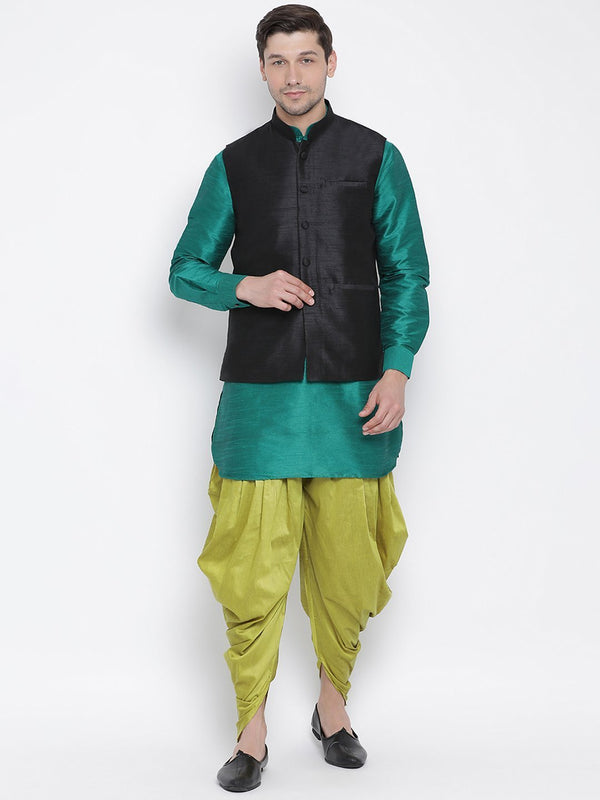 Men's Green Cotton Silk Blend Ethnic Jacket, Kurta and Dhoti Pant Set - Vastramay