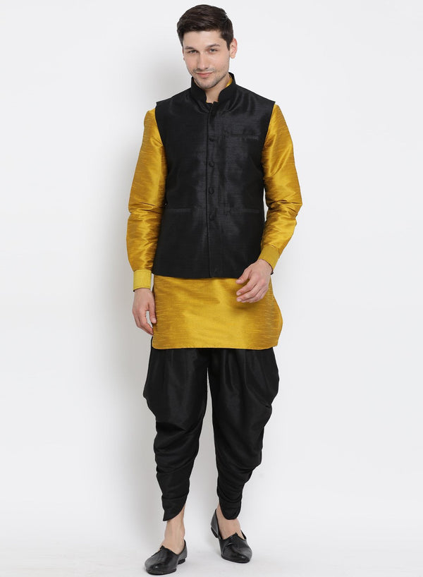 Men's Yellow Cotton Silk Blend Ethnic Jacket, Kurta and Dhoti Pant Set - Vastramay