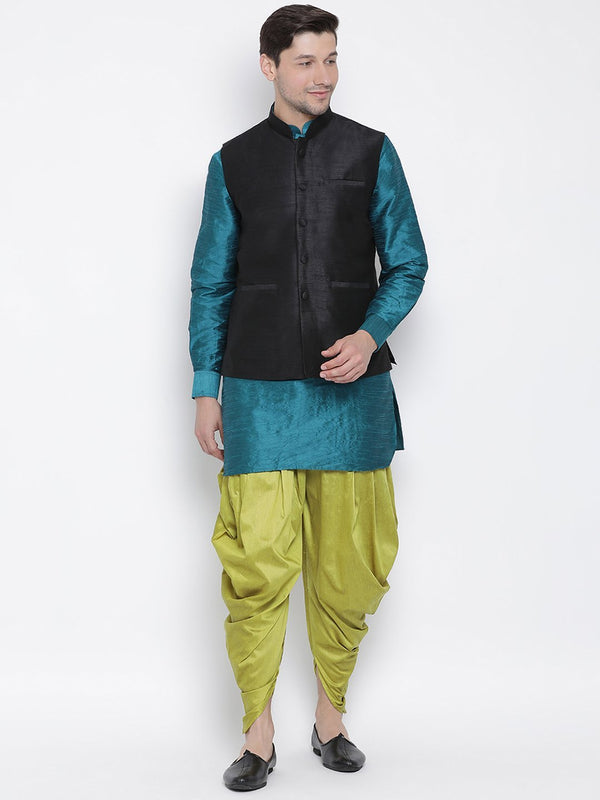 Men's Dark Green Cotton Silk Blend Ethnic Jacket, Kurta and Dhoti Pant Set - Vastramay