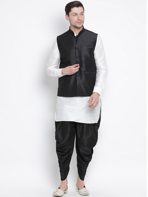 Men's White Cotton Silk Blend Ethnic Jacket, Kurta and Dhoti Pant Set - Vastramay