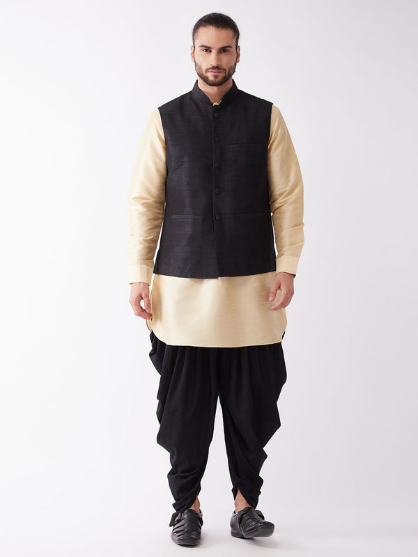 Jashvi Men's Black And Gold Silk Blend Ethnic Jacket, Kurta and Dhoti Set