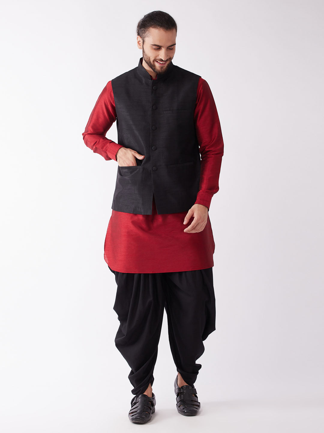 Men's Maroon And Black Silk Blend Jacket, Kurta And Dhoti Set - Vastramay