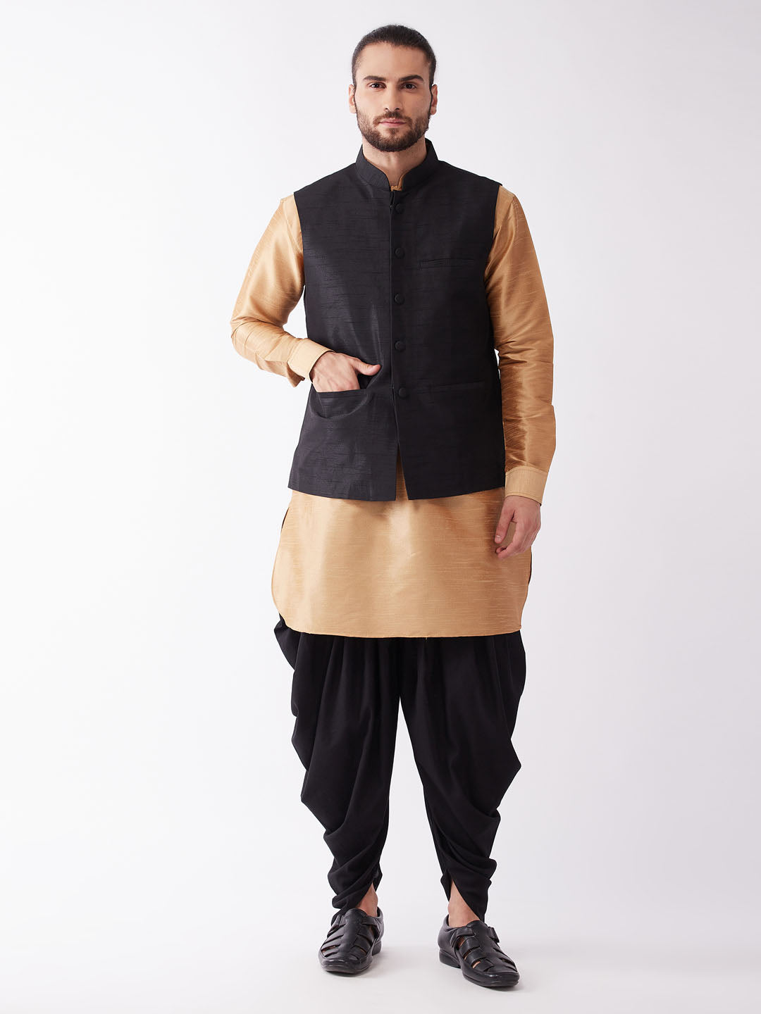 Men's Rose Gold And Black Silk Blend Jacket, Kurta And Dhoti Set - Vastramay