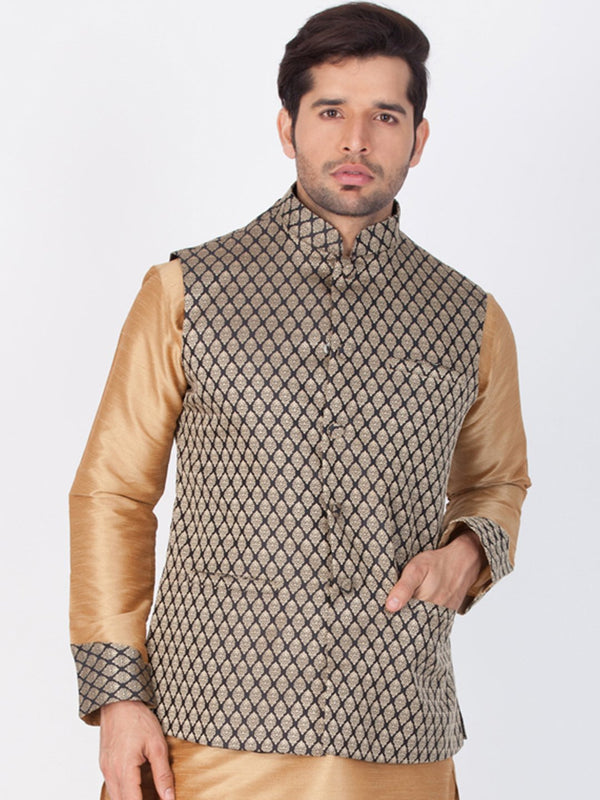 Men's Black Cotton Silk Blend Ethnic Jacket - Vastramay