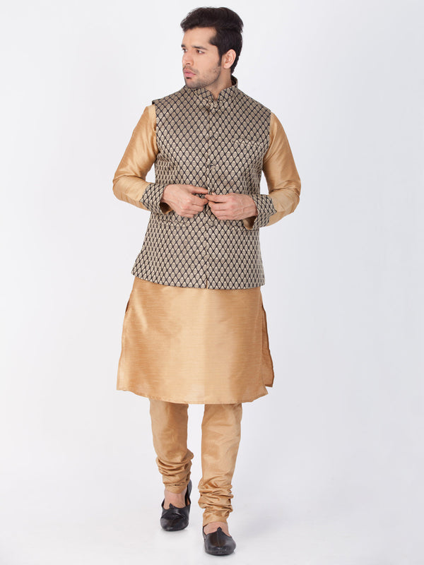 Jashvi Men's Gold Cotton Silk Blend Kurta, Ethnic Jacket and Pyjama Set