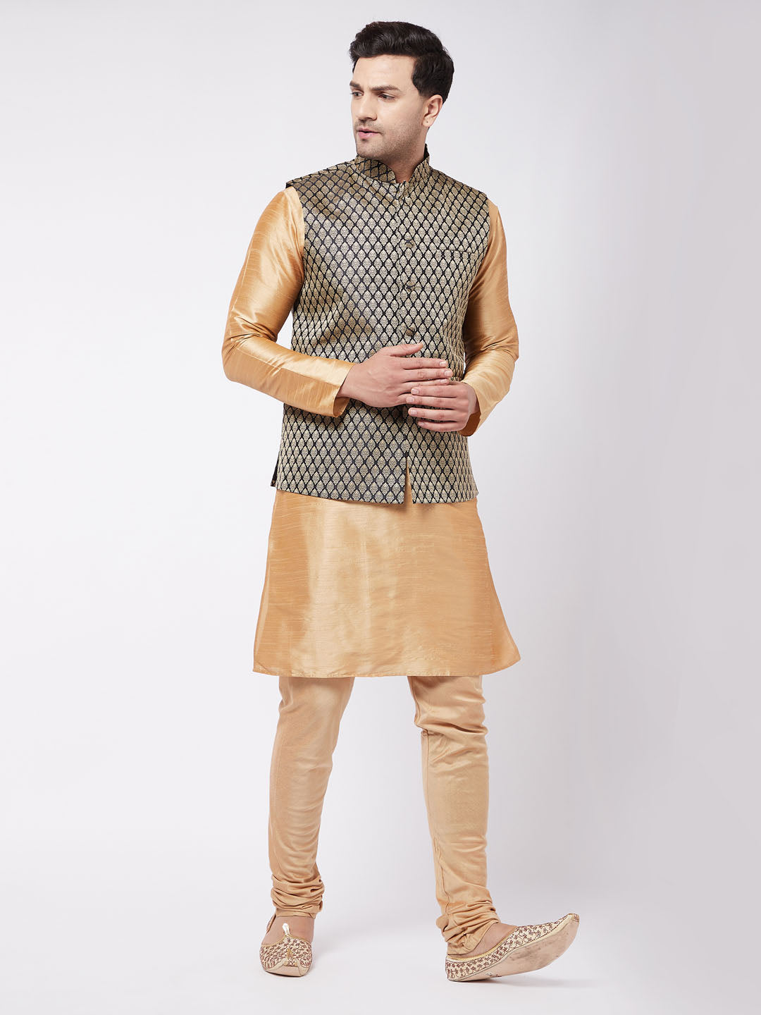 Men's Rose Gold Silk Blend Jacket, Kurta And Pyjama Set - Vastramay