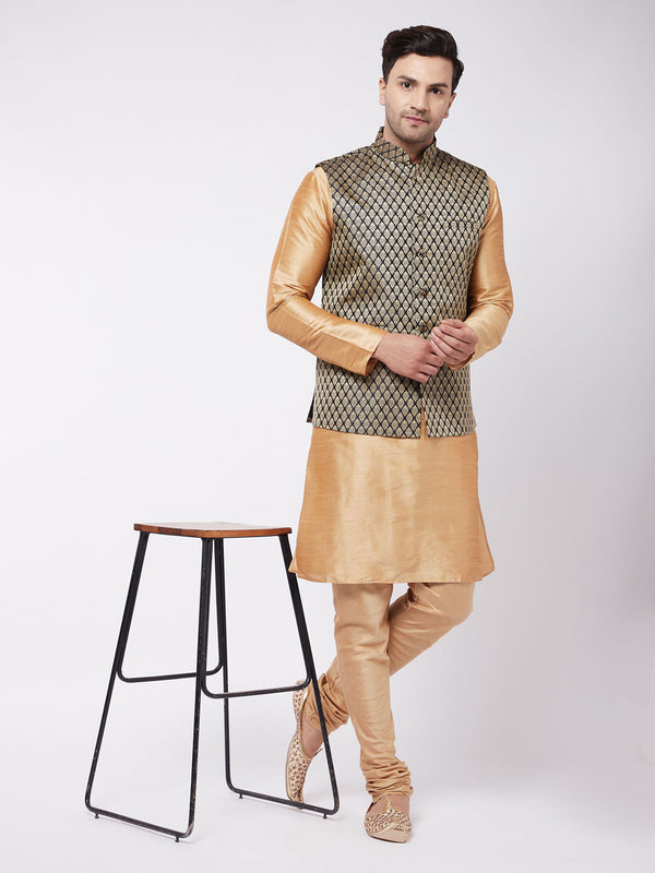 Jashvi Men's Rose Gold Silk Blend Kurta And Pyjama With Black Woven Nehru Jacket