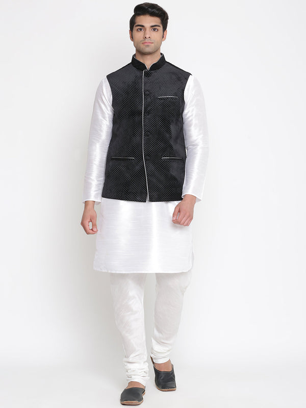 Men's Silk Blend Kurta And Pyjama With Black Polka Nehru Jacket