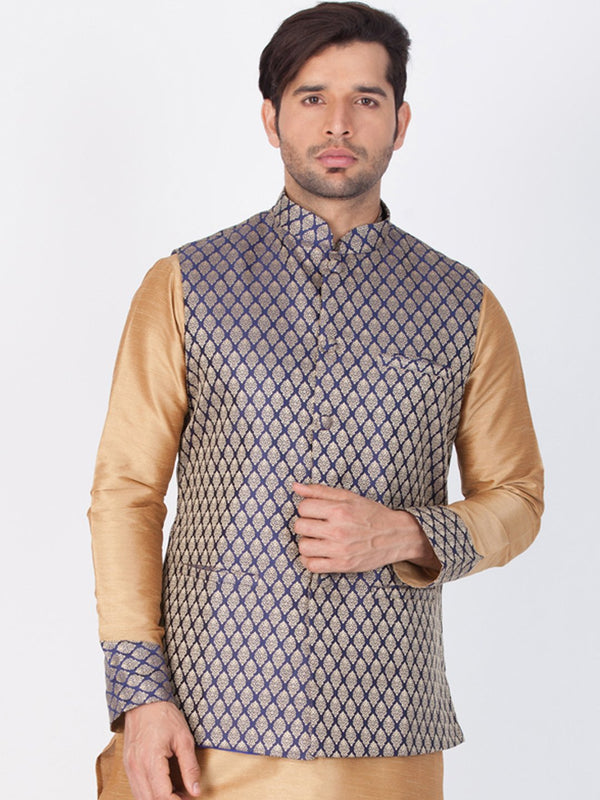 Men's Blue Cotton Silk Blend Ethnic Jacket - Vastramay